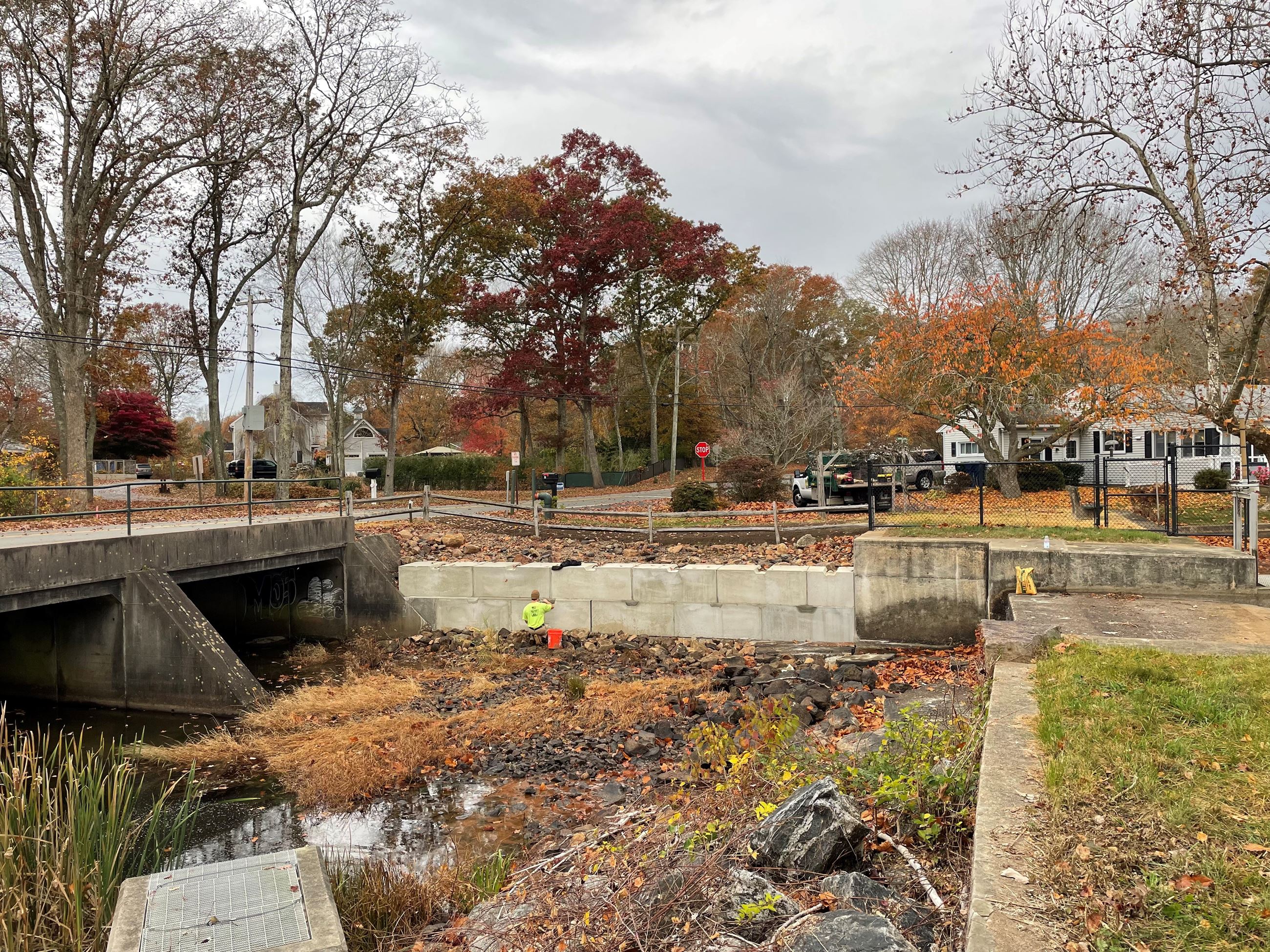 Repair work on the sluiceway side of the Rogers Lake Dam