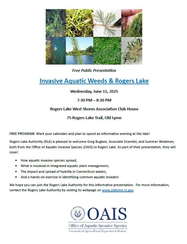 Flyer for 7:30PM Invasive Aquatic Weeds & RLA Lecture on June 11